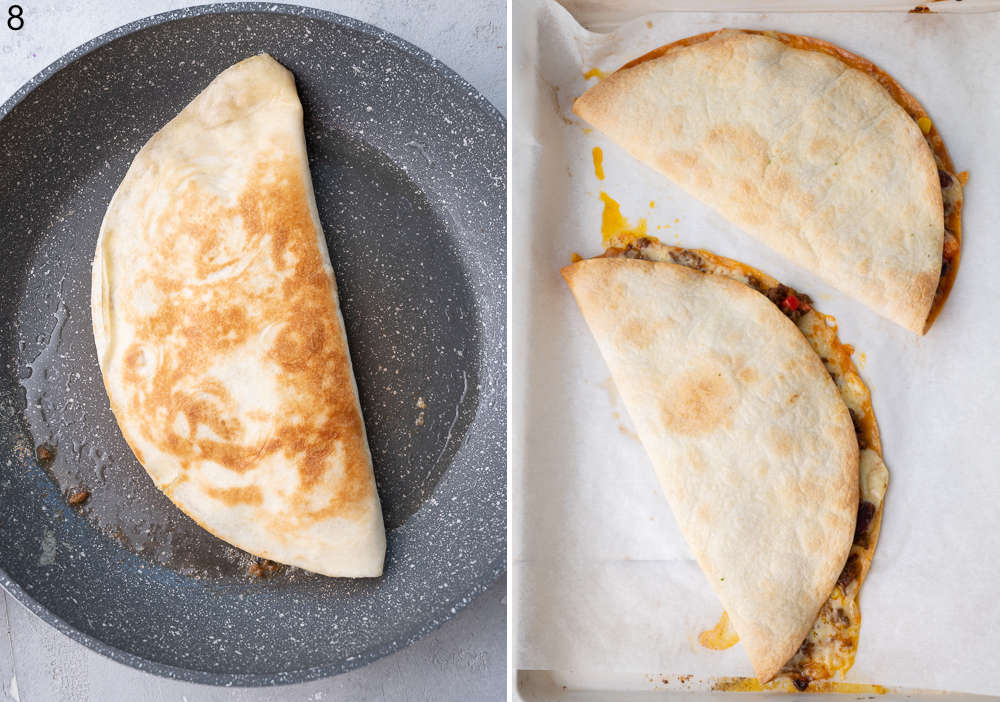 Quesadilla is being pan-fried. Baked quesadillas on a baking sheet.