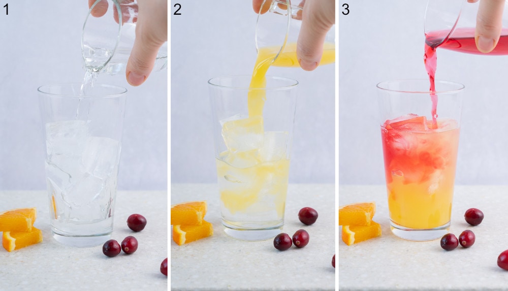 A collage of 3 photos showing how to prepare madras drink step by step.