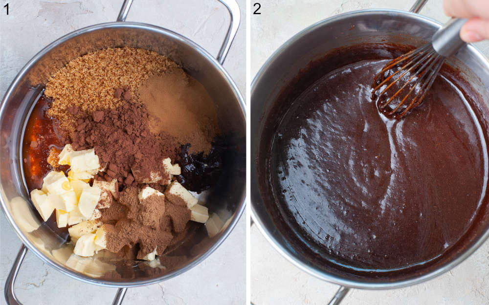 Ingredients for gingerbread loaf in a pot. Mixed ingredients for a cake batter in a pot.