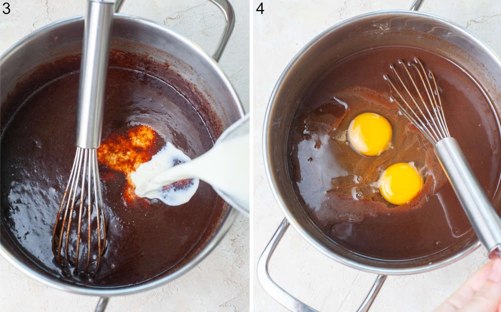 Milk is being added to a pot with cake batter. Eggs and cake batter in a pot.
