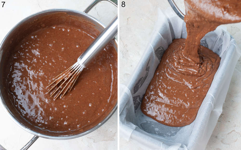 Gingerbread cake batter in a pot. Cake batter is being poured into a loaf pan.