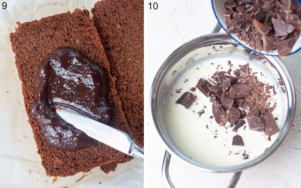 Plum jam is being spread on a half of gingerbread loaf. Chocolate is being added to a pot with cream.