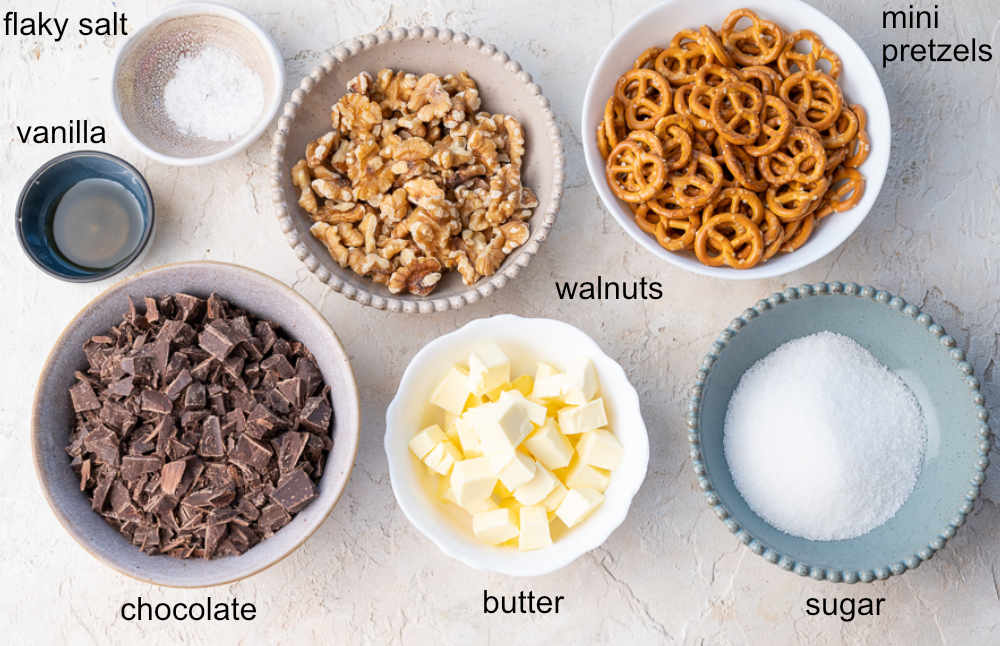 Labeled ingredients for pretzel toffee.