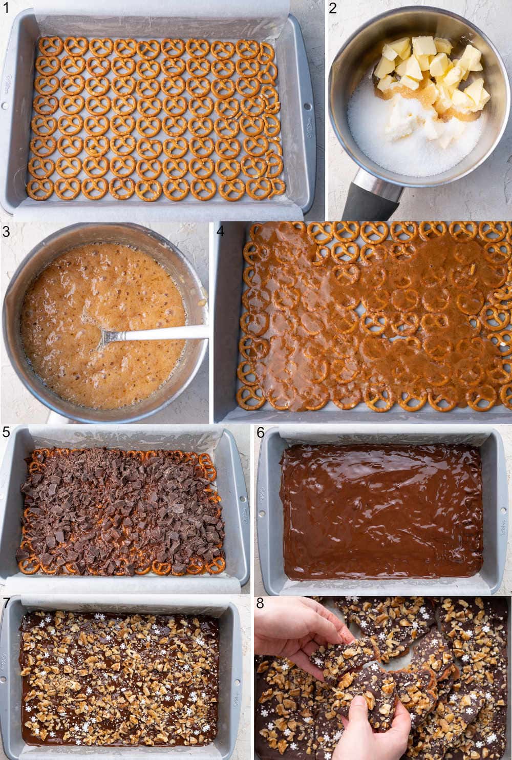 A collage of 8 photos showing how to make pretzel toffee step by step.