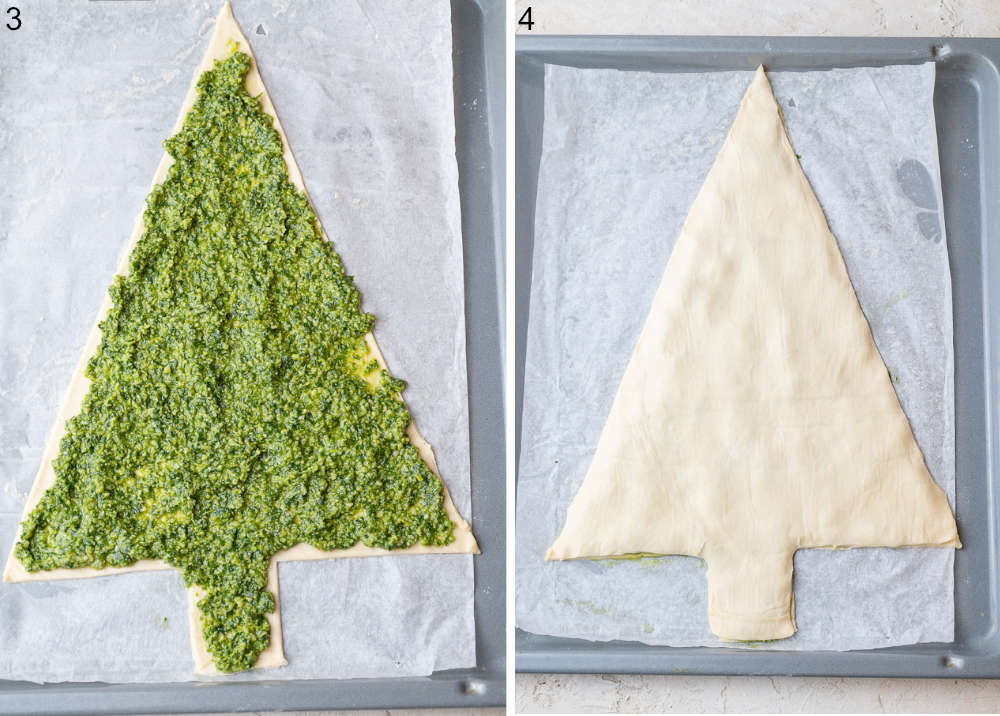 A sheet of puff pastry in a shape of a tree topped with basil pesto.