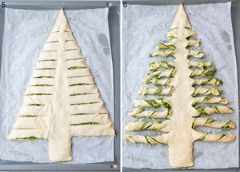 Puff pastry Christmas tree on a piece of parchment paper ready to be baked.