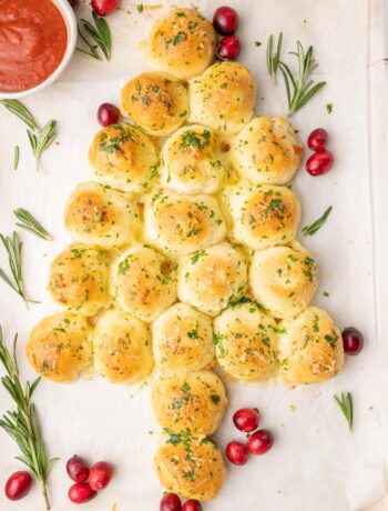 Pull-apart Christmas tree on a baking sheet lined with parchment paper.