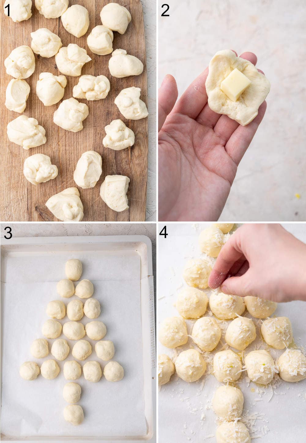 A collage of 4 photos showing how to prepare pull-apart Christmas tree step-by-step.