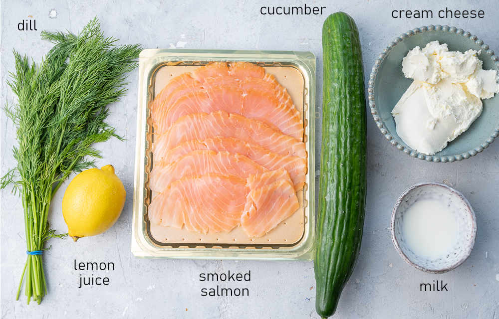 Labeled ingredients for smoked salmon appetizer.