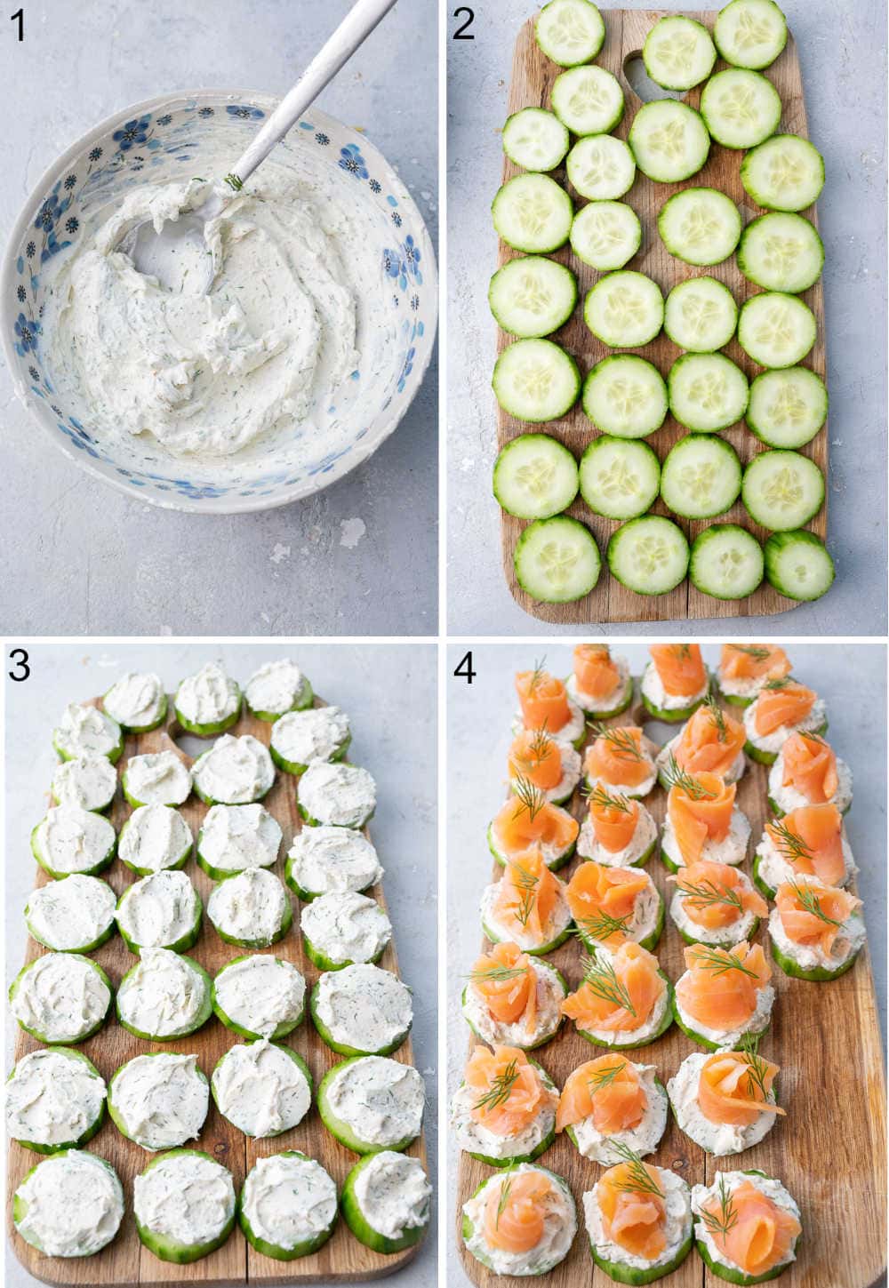 A collage of 4 photos showing how to make smoked salmon cucumber bites step by step.