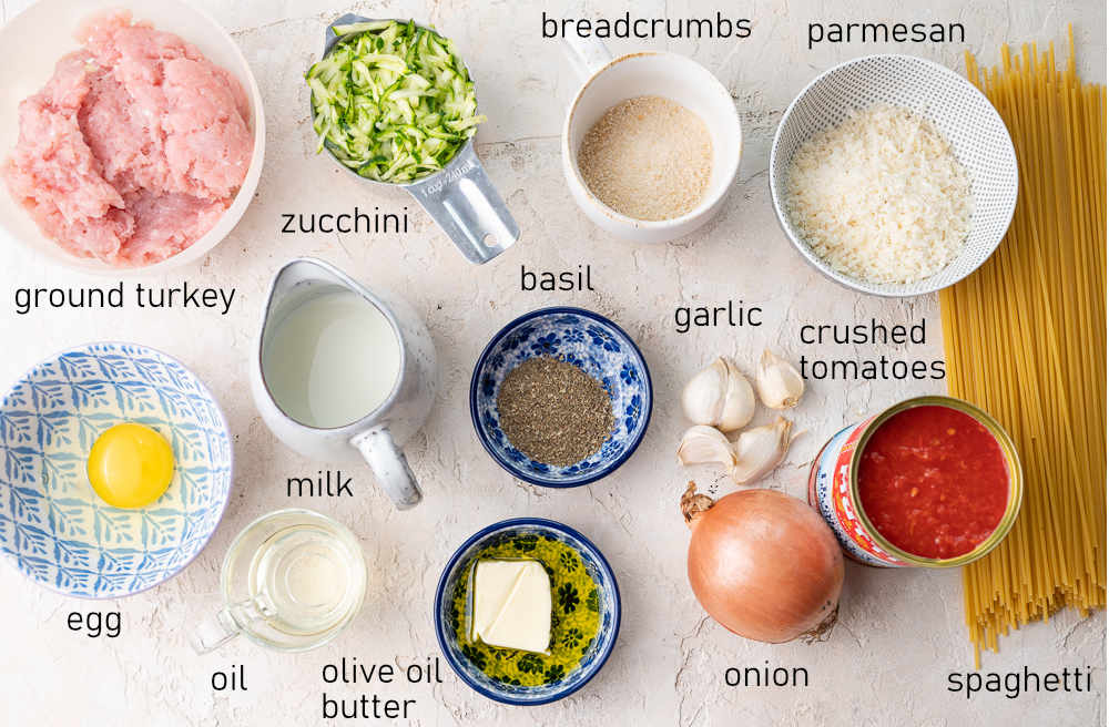 Labeled ingredients for turkey zucchini meatballs.