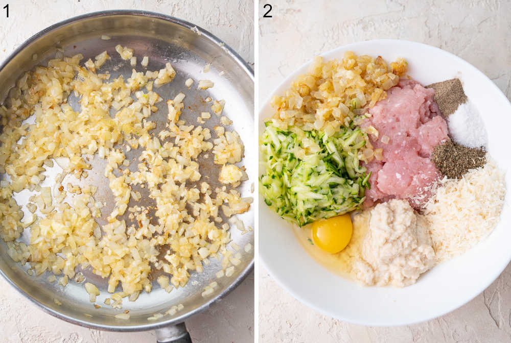 Sauteed onions and garlic in a pan. All the ingredients for the meat mixture in a white bowl.