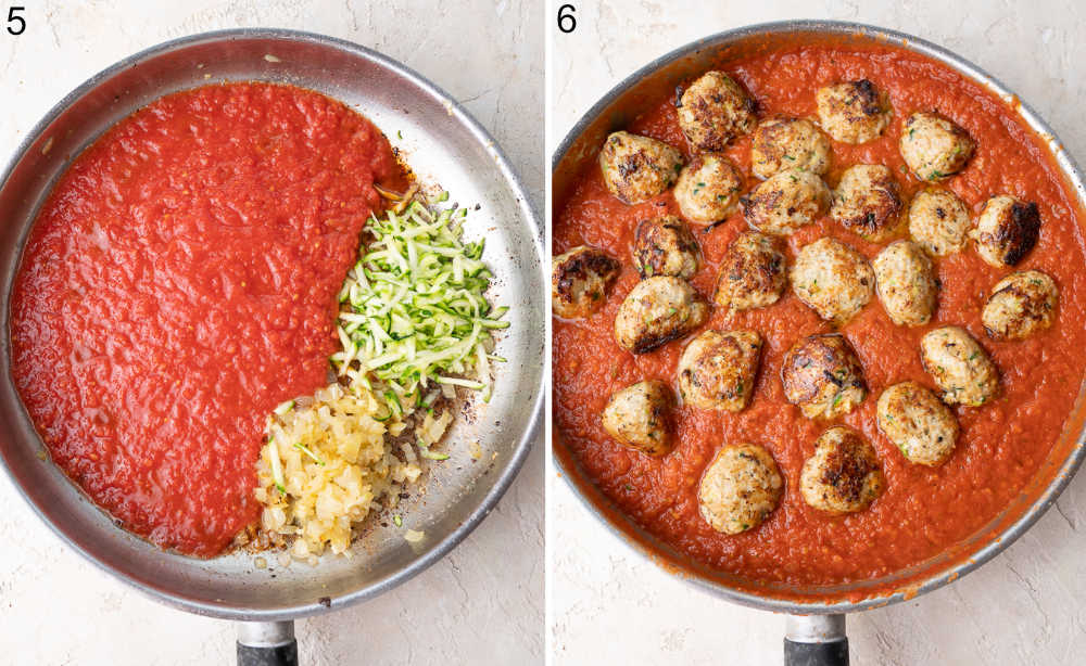 Ingredients for the tomato sauce in a pan. Meatballs are being cooked in tomato sauce in a pan.