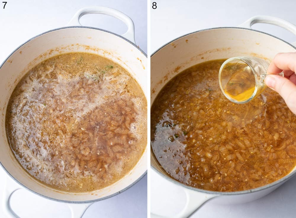 French onion soup in a white pot. Brandy is being added to a pot with onion soup.