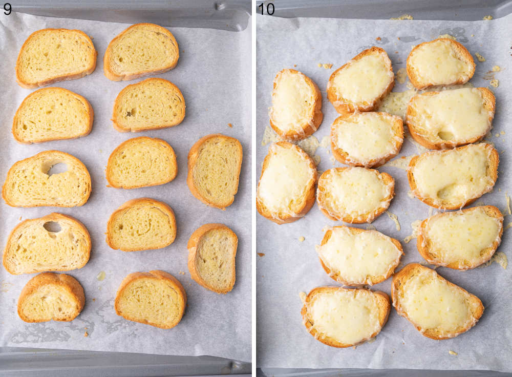 Toasted baguette slices on a baking sheet. Baguette sliced with cheese on a baking sheet.