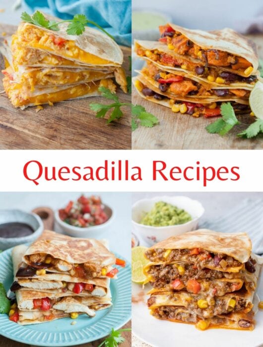 A collage of photos showing different types of quesadillas.