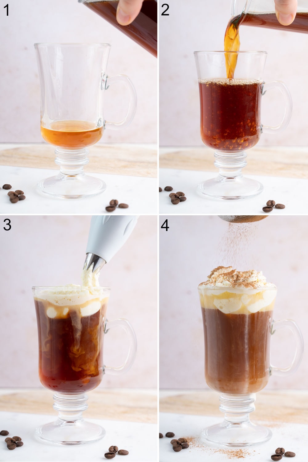 A collage of 4 photos showing how to make amaretto coffee step by step.