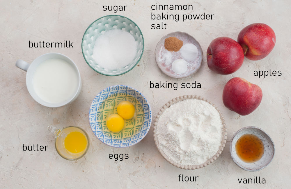 Labeled ingredients for apple cinnamon pancakes.