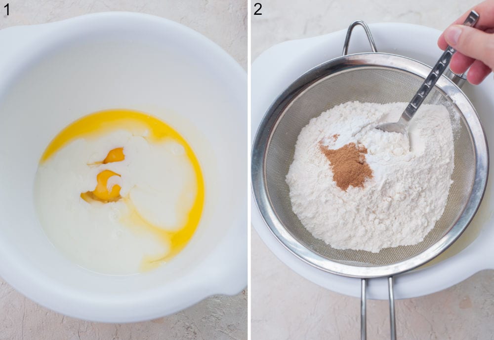 Wet ingredients for pancakes in a white bowl. Dry ingredients in a fine mesh strainer.
