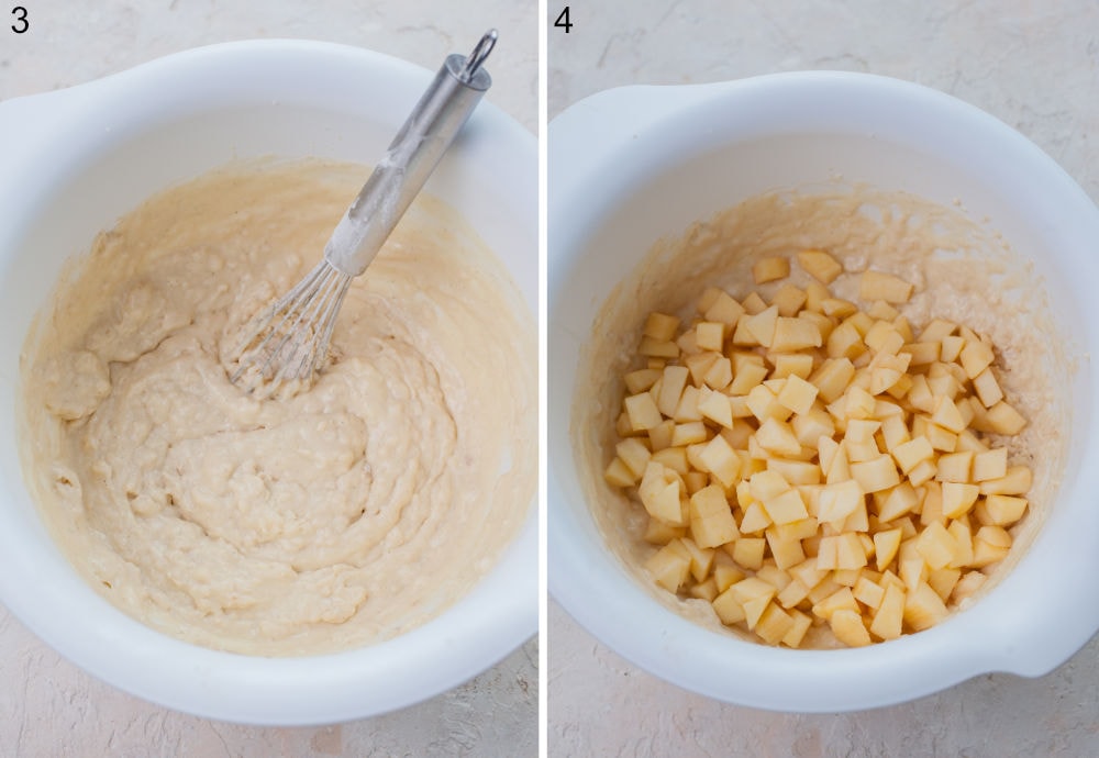 Pancake batter in a white bowl. Pancake batter with apples in a bowl.