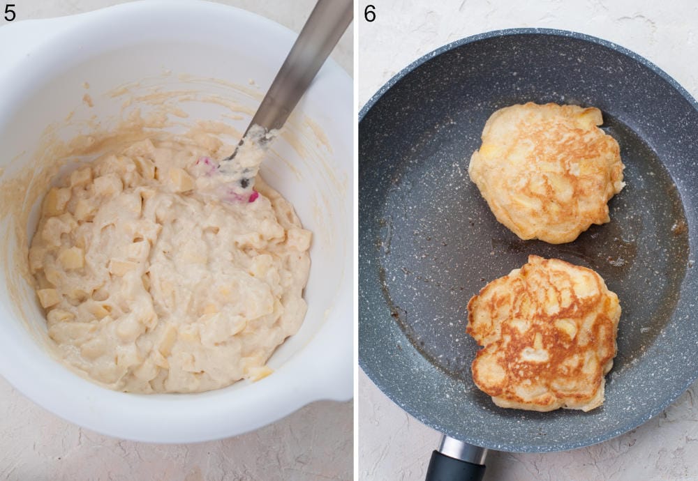 Apple cinnamon pancake batter in a white bowl. Pancakes are being cooked in a pan.