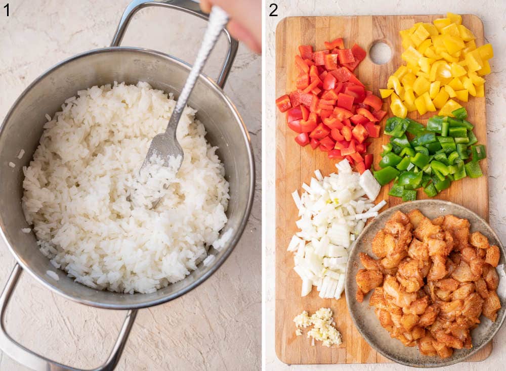 Cooked rice in a pot. Chopped ingredients for chicken fajita soup on a wooden board.