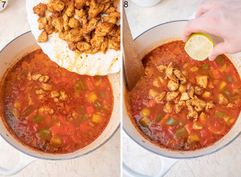 Chicken is being added to a pot with soup. Soup is being seasoned with lime juice.