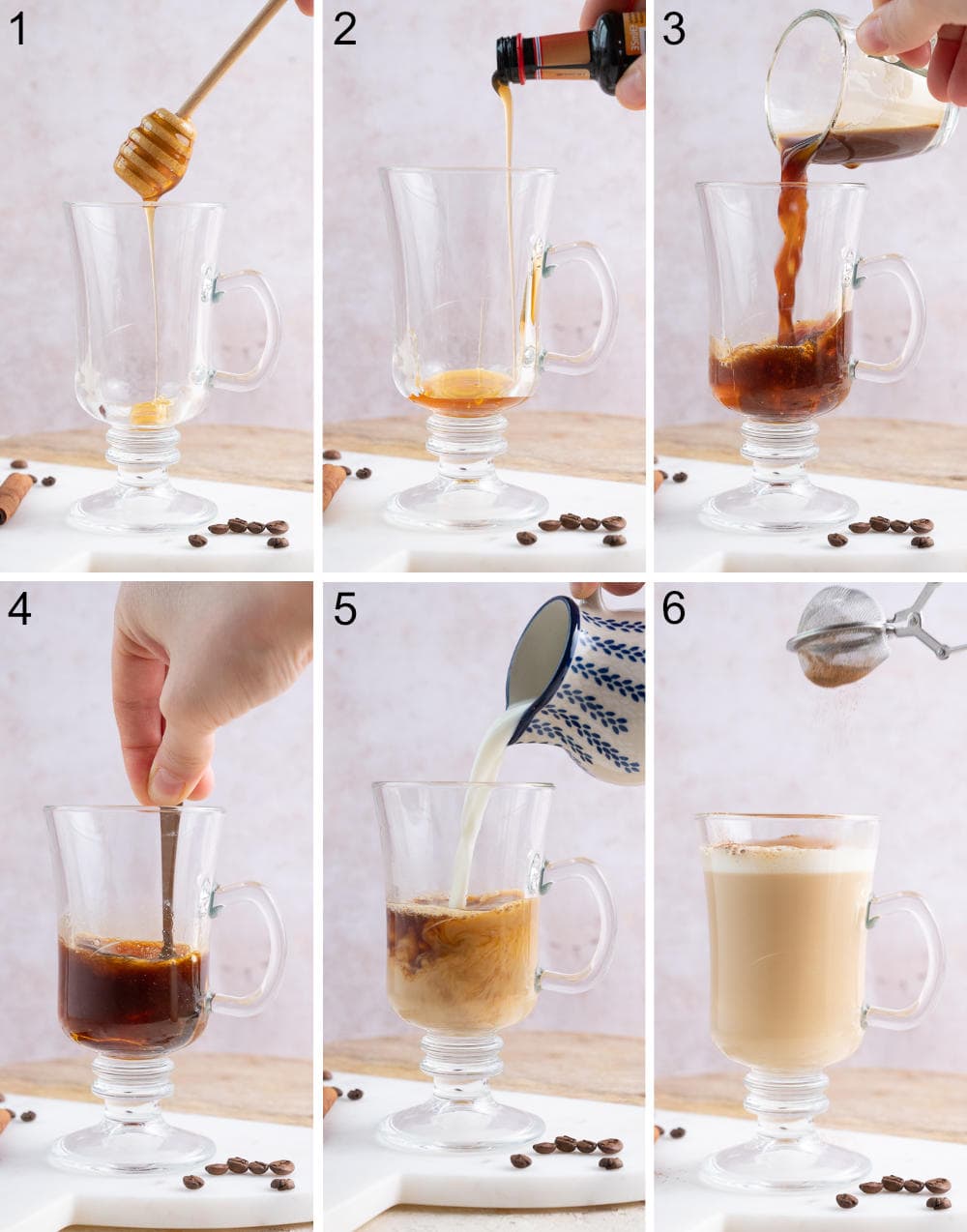 A collage of 6 photos showing how to prepare coffee with honey step by step.