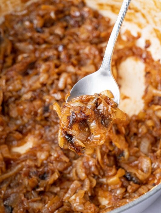 Caramelized onions on a spoon. Pot with onions in the background.