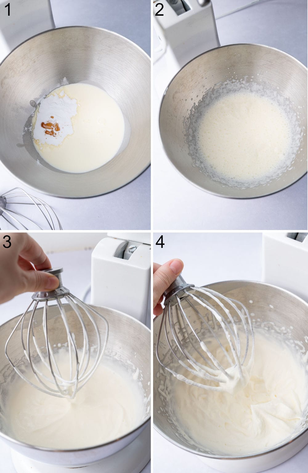 A collage of 4 photos showing how to make homemade whipped cream step by step.