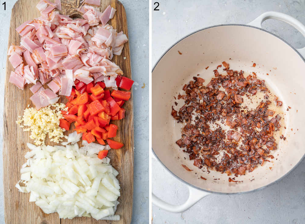 Chopped ingredients for kidney bean soup. Crispy bacon in a pot.