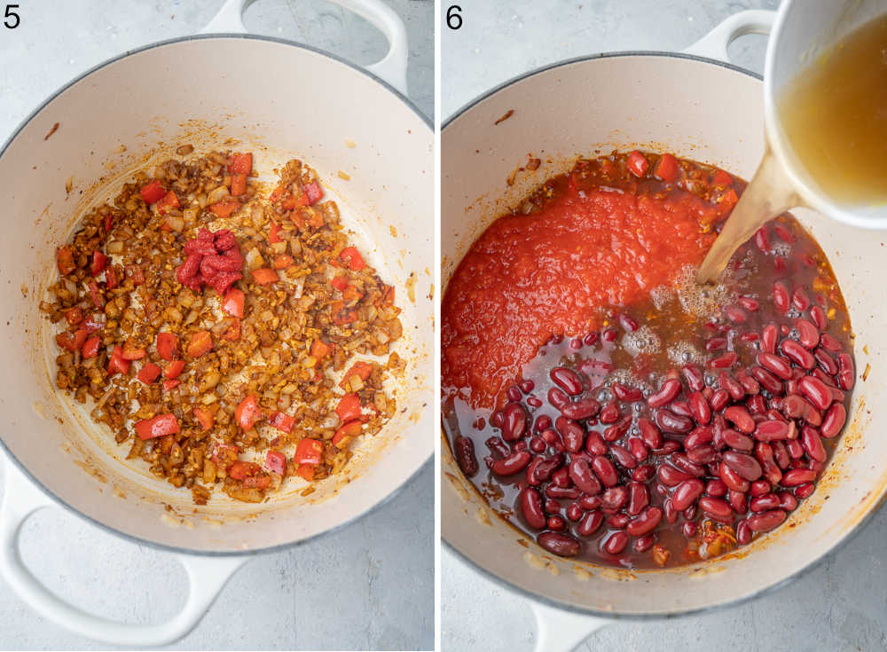 Sauteed vegetables and spices in a pot. Broth is being added to a pot with tomatoes and beans.