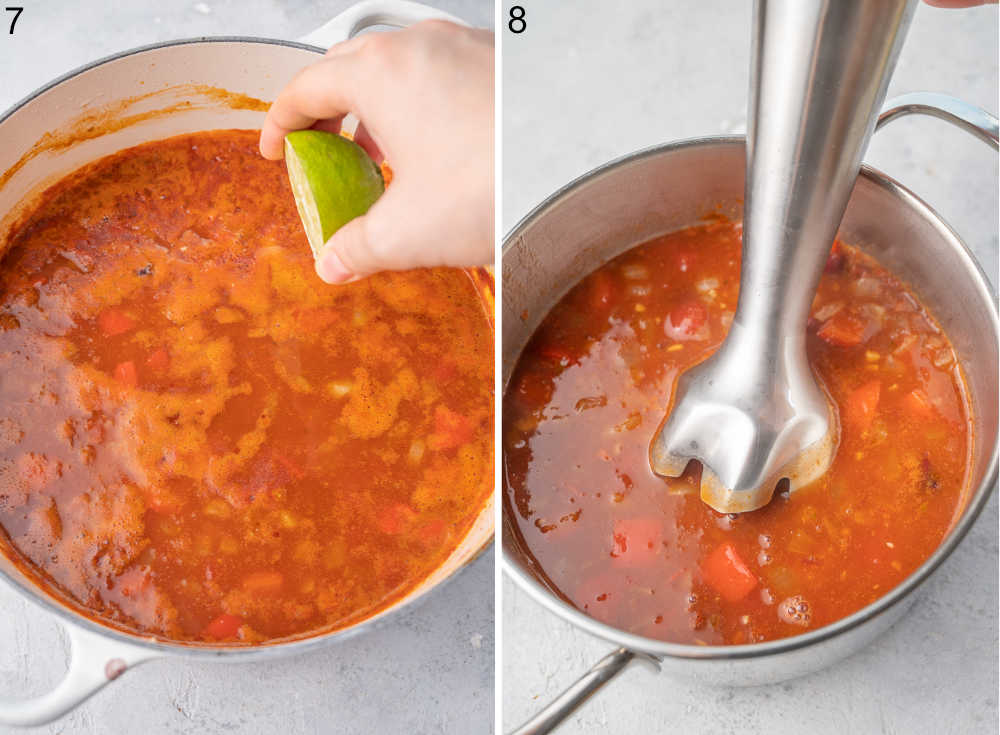 Soup is being seasoned with lime juice. Soup is being pureed with a hand mixer.