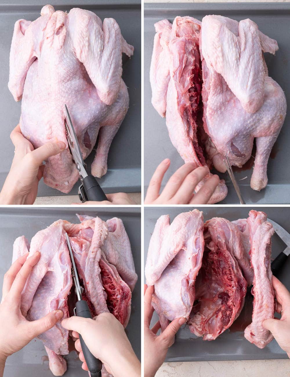 A collage of 4 photos showing how to remove the backbone of a turkey.