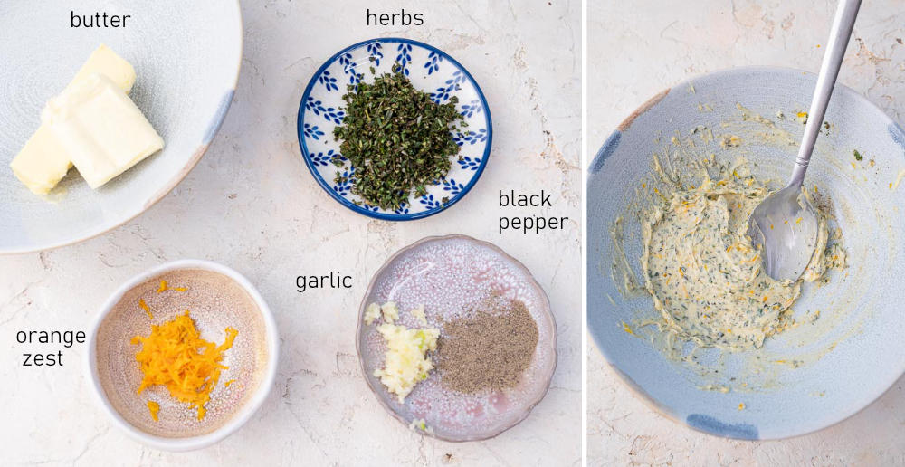 Labeled ingredients for herb orange butter. Herb orange butter in a bllue bowl.