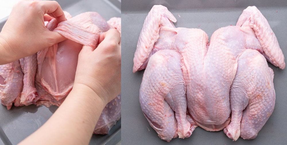Loosening turkey skin. Spatchcock turkey on a bakin sheet.