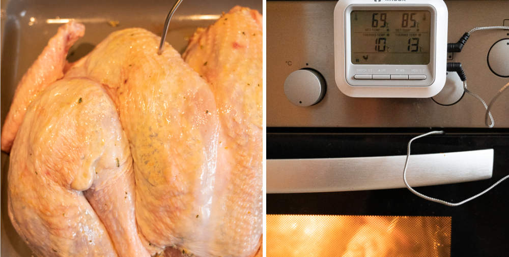 Temperature of the turkey meat is being measured with a grill thermometer.