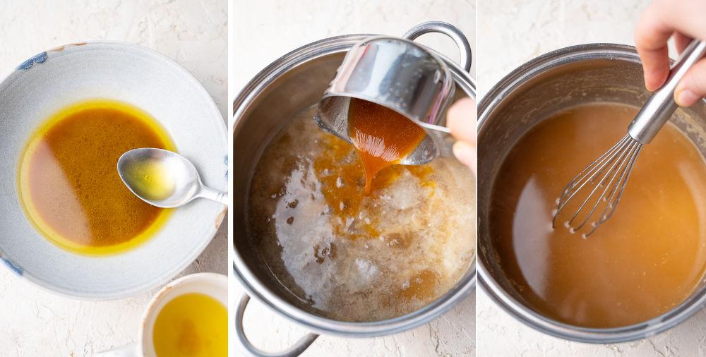 A collage of 3 photos showing how to make a turkey gravy.