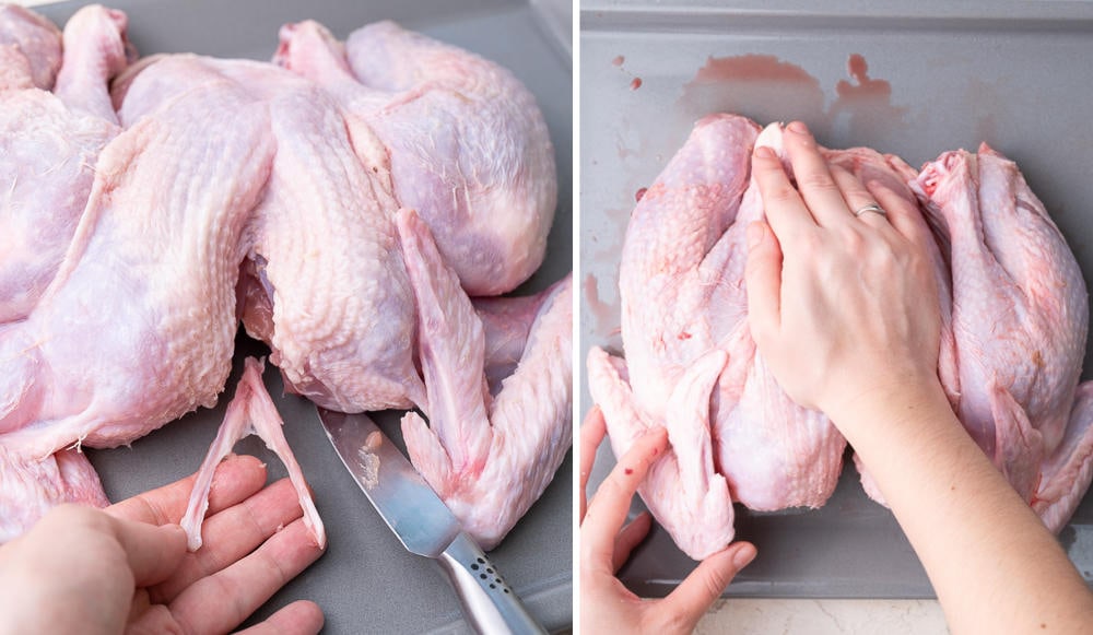 A collage of 2 photos showing how to remove a wishbone and spatchcock a turkey.