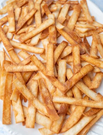 Tortilla strips on a white plate.