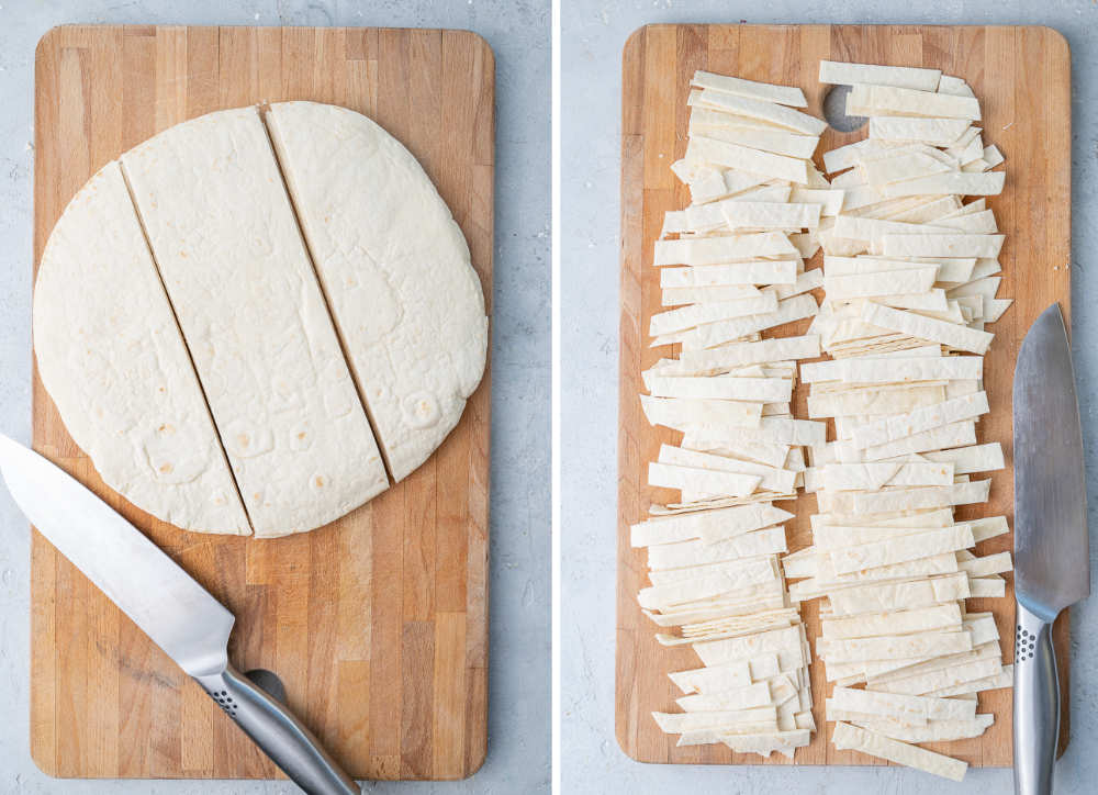 A collage of 2 photos showing how to cut tortillas into tortilla strips.