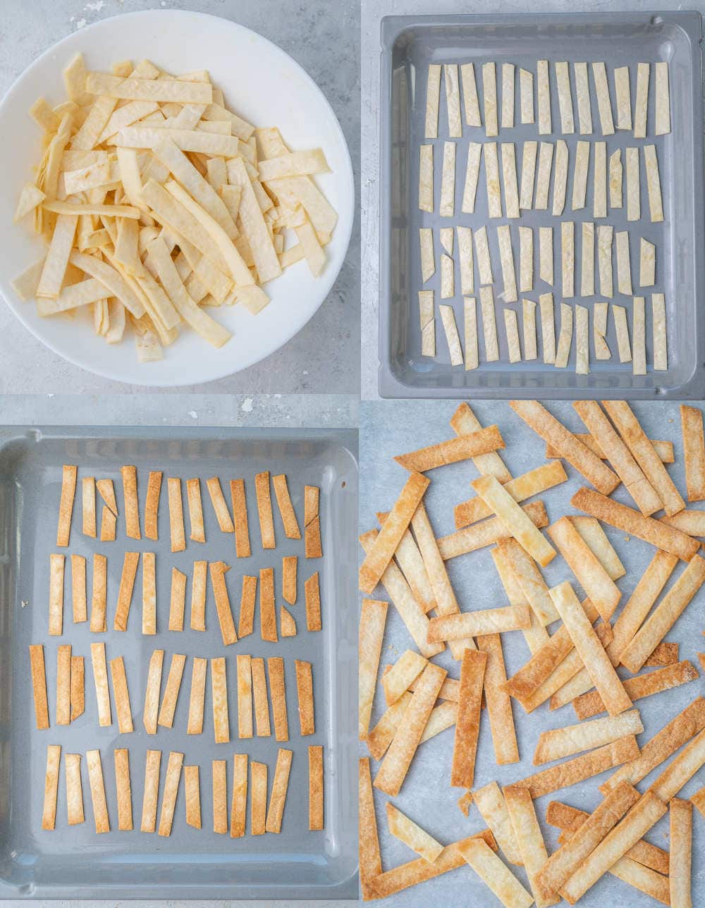 A collage of 4 photos showing how to bake tortilla strips.