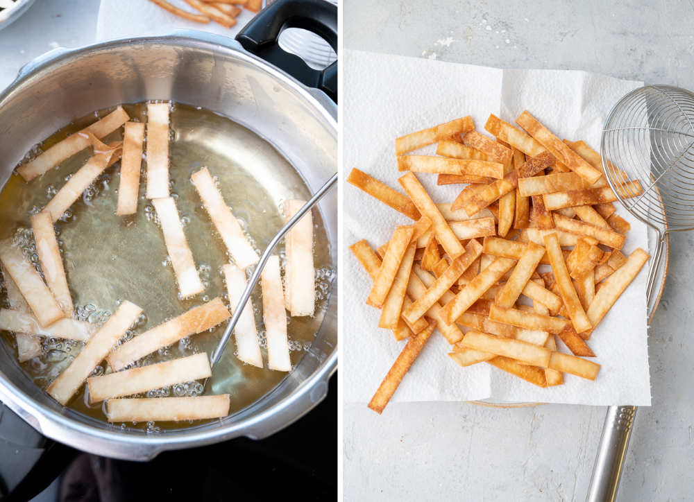 Tortilla strips are being fried in a pot. Fried tortilla strips on a plate lined with paper towels.