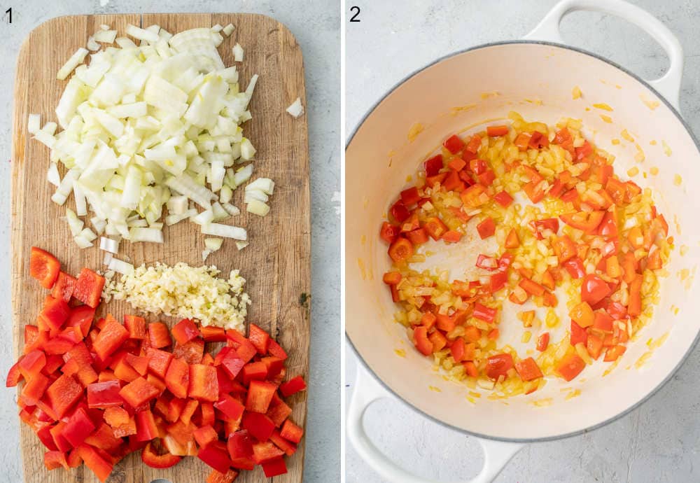 Chopped vegetables for tortilla soup. Sauteed vegetables in a pot.