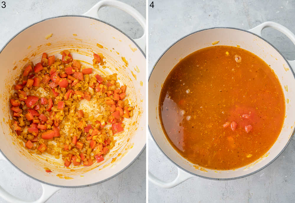 Sauteed vegetables in a pot. Tortilla soup in a pot.