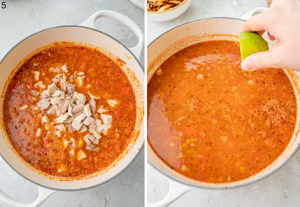 Tortilla soup with turkey in a pot. Soup is being seasoned with lime juice.