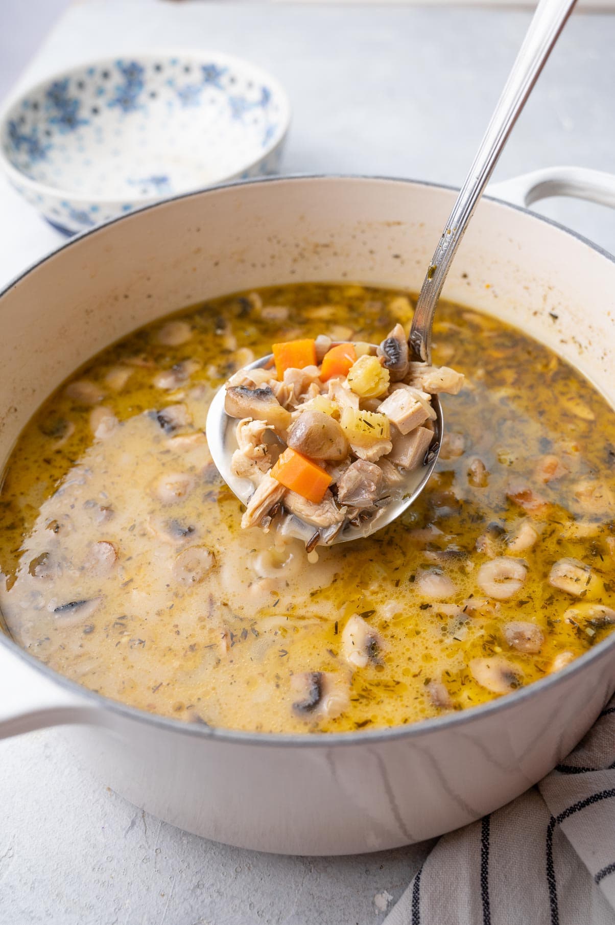Turkey wild rice soup in a large white pot and on a ladle.