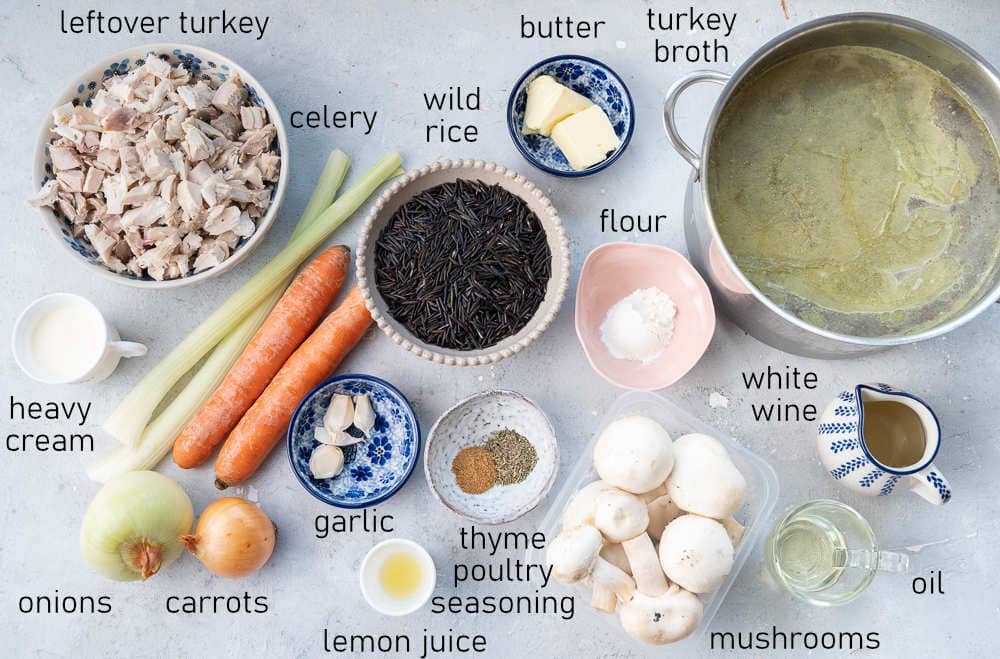 Labeled ingredients for turkey wild rice soup.
