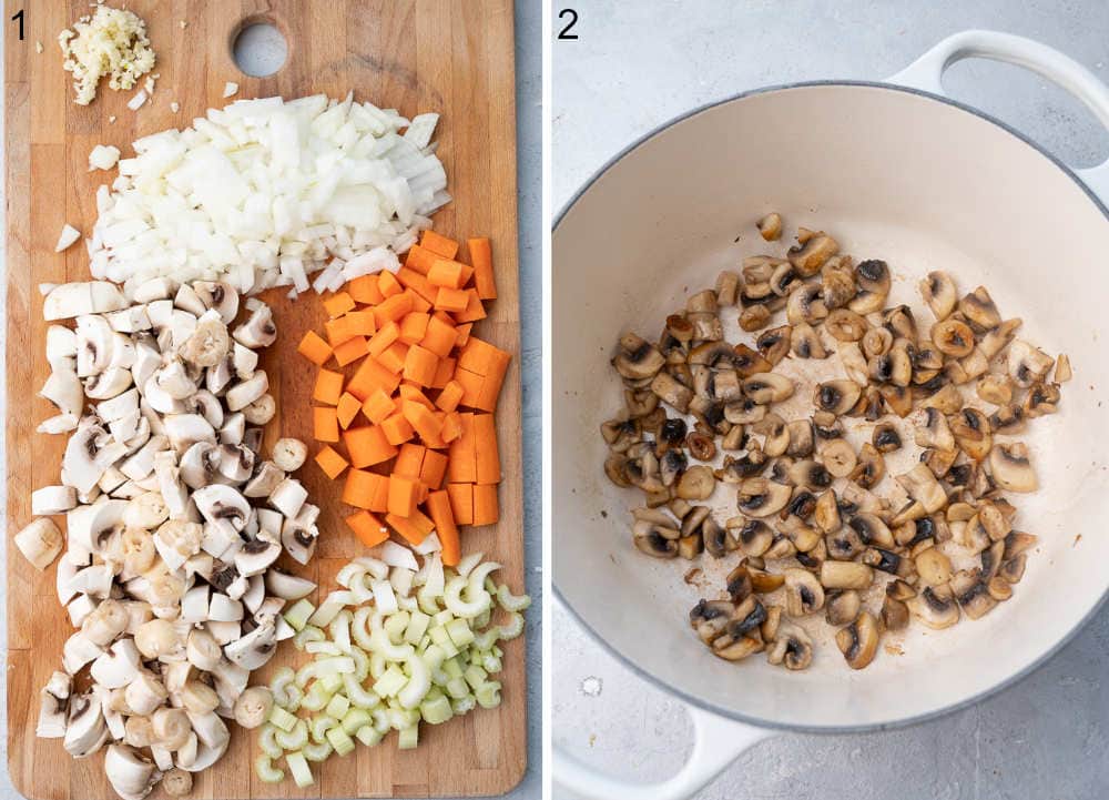 Chopped ingredients for turkey wild rice soup. Sauteed mushrooms in a pot.