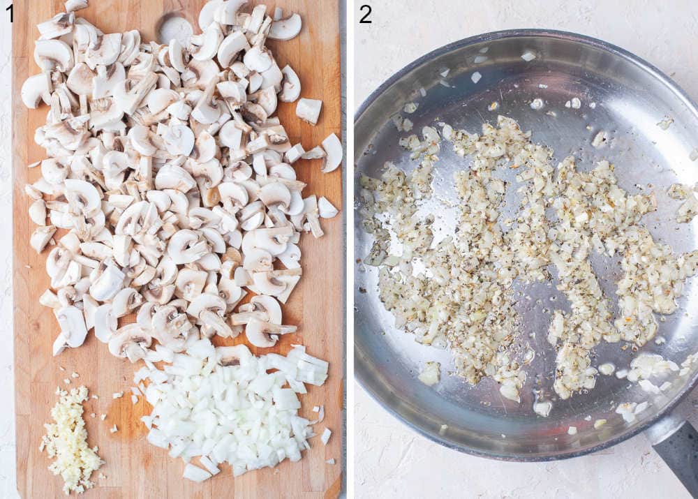 Chopped ingredients for zapiekanki. Sauteed onions and garlic in a pan.